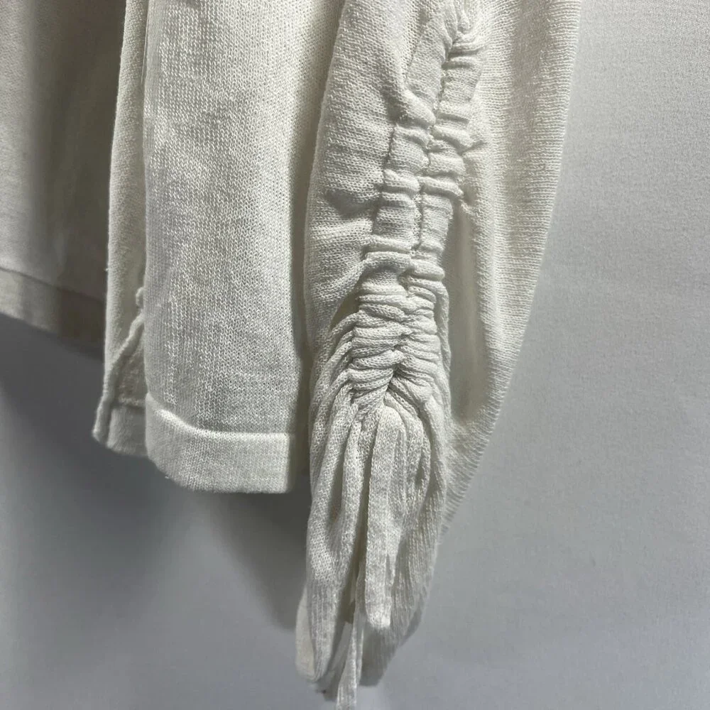 Chicos Women's Cardigan Sweater Med Solid White Ruched Long Sleeves Open Light‎